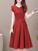 V-Neck  Drawstring  Plain  Drawstring Skater Dress