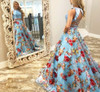 Blue Floral Print Evening Gown