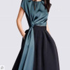 Fashion Round Collar Belt Plain Shirt Short Sleeve Skirt Skater Dress Suit