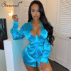 Simenual Sexy Hot Clubwear Women Satin Dress Fashion Deep V Neck Bodycon Party Dresses 2019 Autumn Long Sleeve Silk Mini Dress