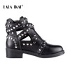 LALA IKAI Women Black Ankle Boots Buckle Strap Rivet Shoes
