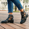 LALA IKAI Women Black Ankle Boots Buckle Strap Rivet Shoes