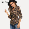 Women Highstreet Shawl Collar Belted Leopard Print Elegant Blazer Autumn Workwear Outerwear