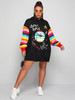 Plus Mixed Print Rainbow Striped Sleeve Hoodie Dress