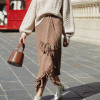 Retro High Waist Tassels Asymmetry Midi Wrap Skirt Houndstooth Vintage skirt Femme Slim