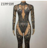 Hollow Black Crystals Stretch Jumpsuit Sexy Nightclub Bar Dance Wear Bodysuit Leggings Celebrate Outfit Performance Clothing