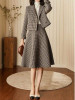 Winter set short woolen jacket and high waist plaid skirt