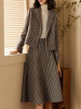Winter set short woolen jacket and high waist plaid skirt