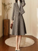 Winter set short woolen jacket and high waist plaid skirt