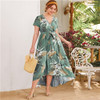 SHEIN Plus Size Surplice Neck Self Belted Dip Hem Tropical Print Dress Women Summer a Line High Waist Boho Long Dresses