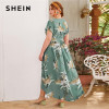 SHEIN Plus Size Surplice Neck Self Belted Dip Hem Tropical Print Dress Women Summer a Line High Waist Boho Long Dresses