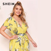 SHEIN Plus Size Surplice Neck Self Belted Dip Hem Tropical Print Dress Women Summer a Line High Waist Boho Long Dresses