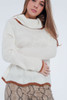 Cream Detail Knitted Sweater With Cowl Neck