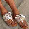 Women Lace Pearl Shell Decoration Flat Beach Slippers