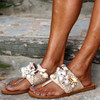 Women Lace Pearl Shell Decoration Flat Beach Slippers