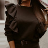 Women Autumn Winter Long sleeve Ruffled Sweatshirts Casual Solid Color O Neck Pullovers Tops Ladies Fitted Fleece Sweatshirts