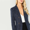 Navy Cotton Office Notched Neck Plaid Double Breasted Blazer
