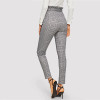 Grey Waist Plaid Belted High Waist Pencil Pants Office Trousers