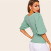 Turquoise Puff Sleeve Solid Fitted Half Sleeve