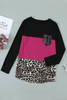 Rosy Leopard Print Color Block Sequin Pocket Top