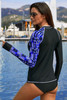 Purple Asymmetric Print Detail Rashguard Swim Top