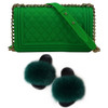 SIZE 7 - Fluffy Fur Slippers & Jelly Crossbody Bag Set