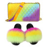 SIZE 7 - Fluffy Fur Slippers & Jelly Crossbody Bag Set