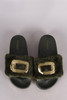 Bamboo Hardware Embellished Fur Chain Slide Sandal