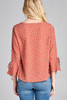 Ladies fashion plus size 3/4 w/bell sleeve round neck dot print crepe woven top