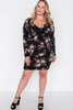 Plus Size Black Floral V-neck Long Sleeve Mini Dress