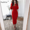 Nadafair knitted sweater bodycon long winter dresses women autumn v neck long sleeve sexy midi dresses elastic slim party dress