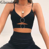 Glamaker Hollow out black top bodycon tank top Women shirt v neck strap summer crop top Female fitness party cropped casual cami