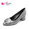 Women Plus Size Genuine Leather Elegant Pumps Universe 4.5-9 Black Silver Thick High Heels 1.97" Shoes Dress Pointed Toe G028