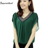 Summer Women Blouses Shirts 2018 New Elegant Short Sleeve Fake Two Pieces V-Neck Chiffon Beading Blouse Casual Ladies Shirt Tops