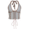 ALLNeon E-girl Vintage Deep V-neck Lace up Halter Tops Y2K Fashion Bandage Backless Stitch Patchwork Sleeveless Ribbed Crop Top