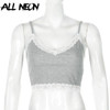 ALLNeon E-Girl Sweet Ribbed V-neck Lace Cami Tops Y2K Fashion Solid Spaghetti Strap Backless Crop Top Streetwear 90s Party 2020