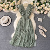 SINGRAIN Women Dot Tank Dress Sexy Deep V Sleeveless Split Ruffles Ruffles Midi Dress Summer Boho Print Romantic Holiday Dress
