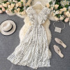 SINGRAIN Women Dot Tank Dress Sexy Deep V Sleeveless Split Ruffles Ruffles Midi Dress Summer Boho Print Romantic Holiday Dress