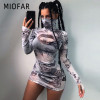MIOFAR Turtleneck Long-sleeved Printed See-through Mesh Sexy Dresses Autumn Winter New Women's Fashion Elegant Party Dress Girl