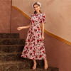Pink Tie Neck Puff Sleeve Pleated Floral Dress