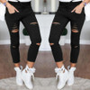 new 2016 Skinny Jeans Women Denim Pants Holes Destroyed Knee Pencil Pants Casual Trousers Black White Stretch Ripped Jeans