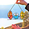 CUSTOM 3 OWLS STAINED GLASS WINDOW HANGINGS, GARDEN DECOR