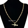 MEN'S GOLD AK-47 RIFLE GUN PENDANT W 5mm 24" BRASS FIGARO CHAIN NECKLACE K434G