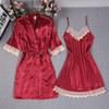 Lace Trim Satin Half Sleeve Lingerie Sleepwear 2 Pieces Set/Free Shipping