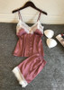 V-Neck Silk Eyelash  Camisole  Lingerie Sleepwear Set With Button/Free Shipping