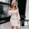 Pink Knitted Dress Off Shoulder Long Sleeve Soft Sweater Dress