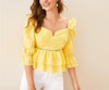 Elegant Puff Shoulder Sweetheart Neck Ruffle Trim Layered Peplum Blouse