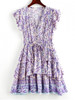 Button Loop Tie Waist Floral Layered Dress