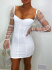 Wrapped Chest Panelled Mesh Sleeve Pleated Mini Dress