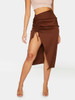 Chocolate Woven Ruched Detail Midi Skirt